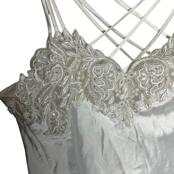 Vtg Womens‎ M Satin Lingerie Tank Top White Applique Lace Strappy Back Ethereal - Picture 2 of 8